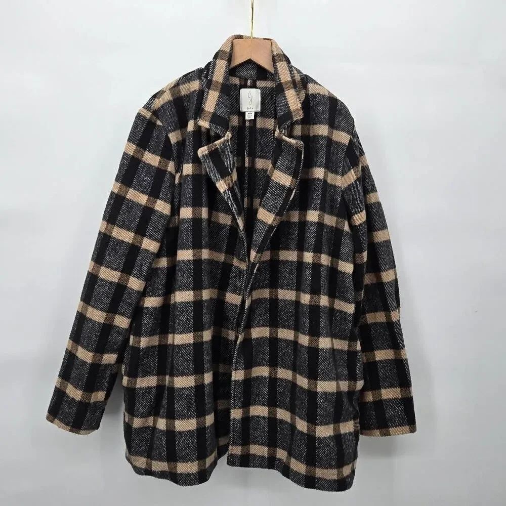 Joie Plaid Open Front Coat Size Medium Oversized Comfy Warm Black Brown